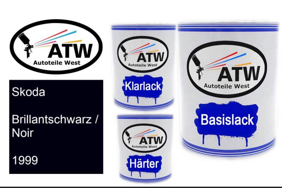 Skoda, Brillantschwarz / Noir, 1999: 1L Lackdose + 1L Klarlack + 500ml Härter - Set, von ATW Autoteile West.